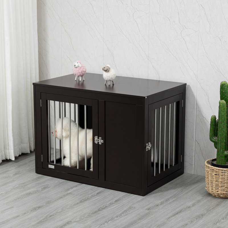 PawHut Dog Crate Furniture Wire Pet Cage Wooden Dog Kennel End Table with Double Doors and Locks for Medium and Large Dog House Indoor Use Coffee